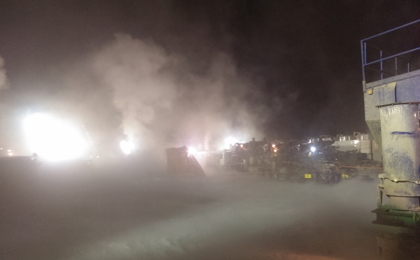 Frac sand storage. A congested frac location has hazards like poor visibility from silica dust clouds along with vapour clouds from nitrogen and co2.