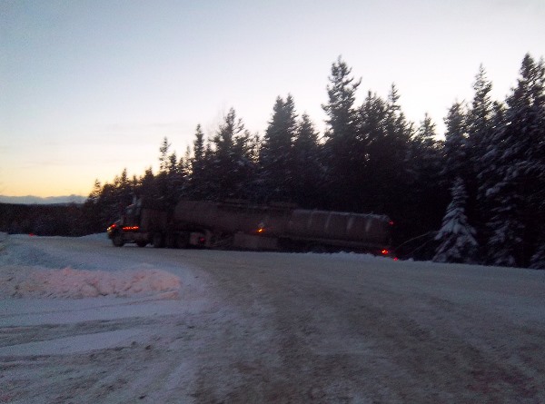 Oilfield Accidents - A tanker truck slides of the Block 60 road in icy conditions