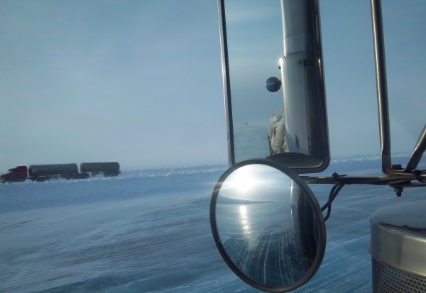 Ice Road Loads. Passing fuel hauler on McKay Lake