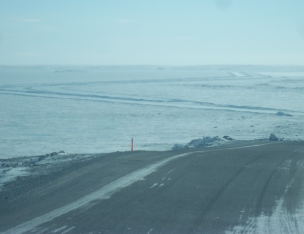 Ice Road Scenery. A view of the the ice road from higher ground