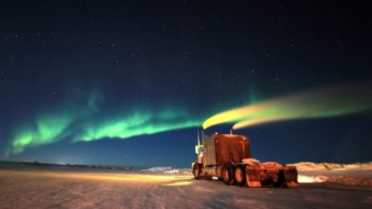 Ice Road Driving Photos. Northern lights, portage 49