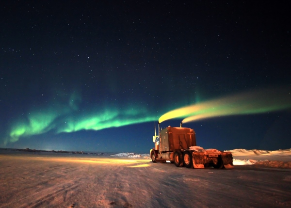 Ice Road Driving Photos. Northern lights, portage 49