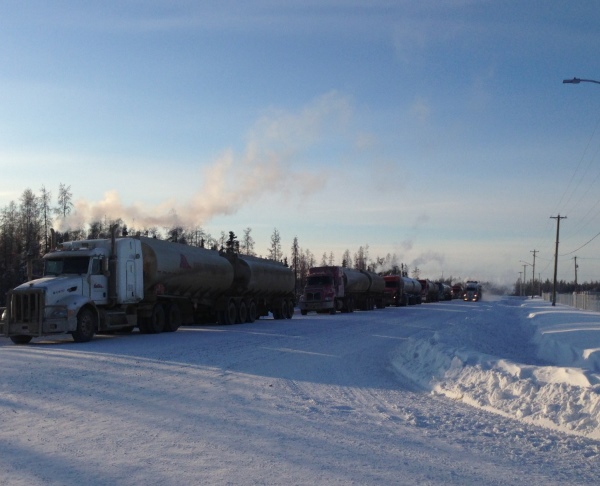 Ice Road Loads. Waiting to load fuel for the mines in Yellowknife